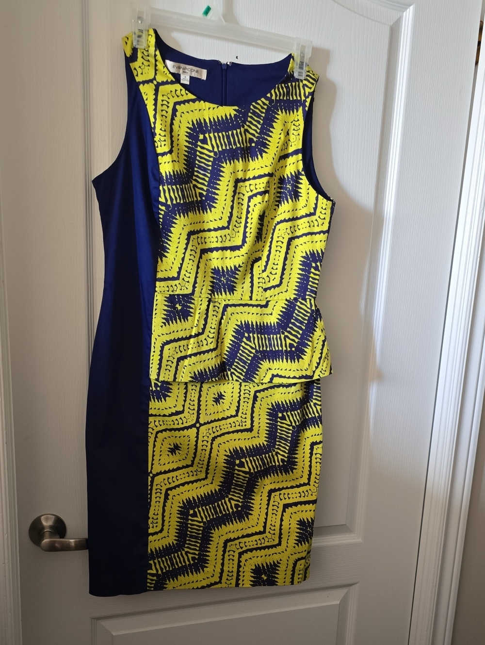 Evan Picone Size 8 - Yellow & Navy Geometric Panel Midi Dress